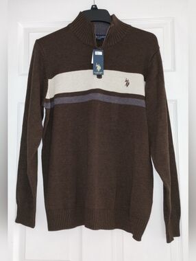 U.S. Polo Assn. Brown Zip Mock Neck Sweater with Cream & Gray Stripes
